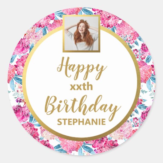 Sticker Rond Fleurs roses chic, photo personnalisée, joyeux ann (Devant)