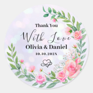 Sticker Rond Fleurs Roses Élégantes Remerciements Mariage