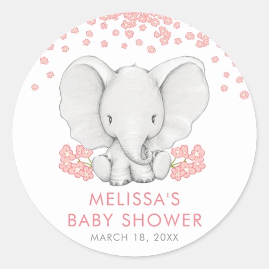 Sticker Rond Fleurs roses Eléphant Fille Baby shower Baby showe (Devant)