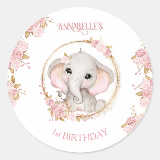 Sticker Rond Fleurs roses Eléphantes mignonnes 1er anniversaire (Devant)