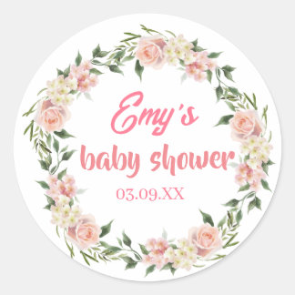 Sticker Rond fleurs roses en fleurs baby shower fille