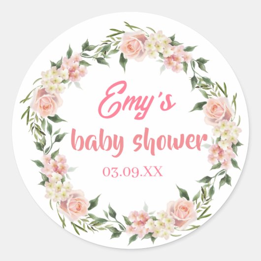 Sticker Rond fleurs roses en fleurs baby shower fille (Devant)