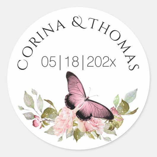Sticker Rond Fleurs roses et Mariage papillon (Devant)