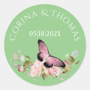 Sticker Rond Fleurs roses et papillon sur Mariage vert