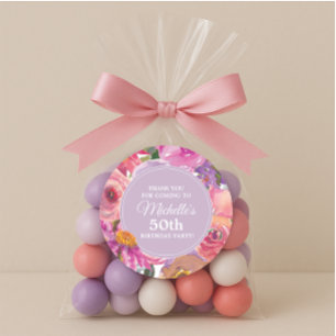 Sticker Rond Fleurs roses et violettes Fête d'anniversaire de 5