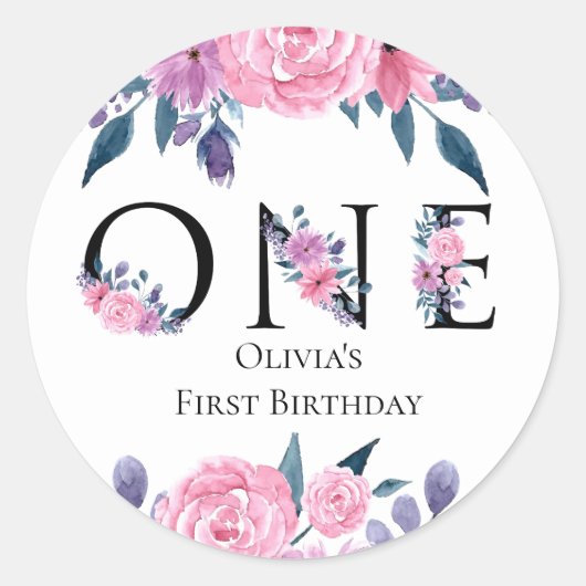 Sticker Rond Fleurs roses et violettes Premier anniversaire (Devant)