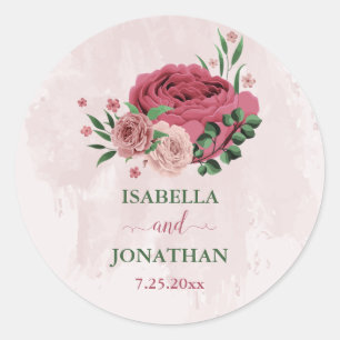 Sticker Rond fleurs roses feuilles vertes mariage