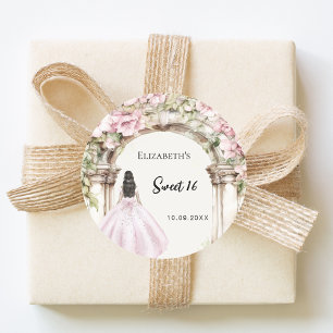 Sticker Rond Fleurs roses jardin arche en marbre robe Sweet 16