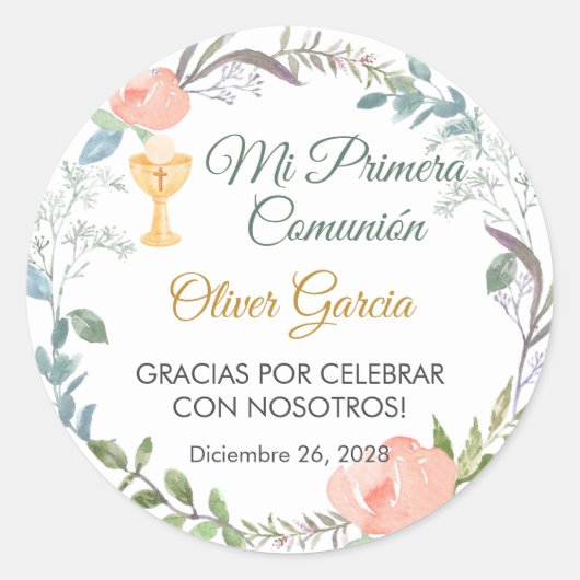 Sticker Rond Fleurs roses mignonnes et craie Première communion (Devant)