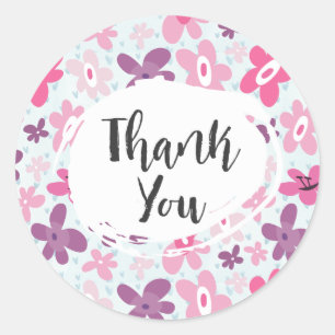 Sticker Rond Fleurs roses mignonnes Merci Motif Whimsical