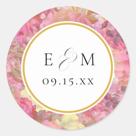 Sticker Rond Fleurs roses Monogrammes Mariage Enveloppe Phoques (Devant)