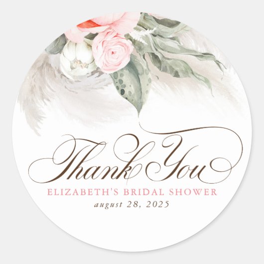 Sticker Rond Fleurs roses Pampas Grass Boho Merci (Devant)