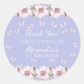 Sticker Rond Fleurs roses Papillon 1er anniversaire Merci (Devant)