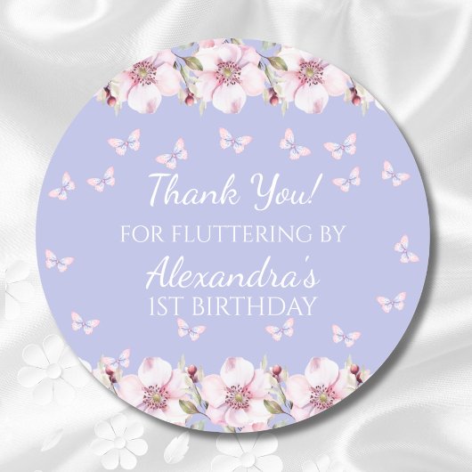 Sticker Rond Fleurs roses Papillon 1er anniversaire Merci