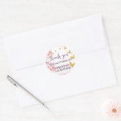 Sticker Rond Fleurs roses Papillons d'or Script Merci (Enveloppe)