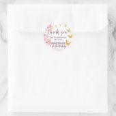 Sticker Rond Fleurs roses Papillons d'or Script Merci (Sac)