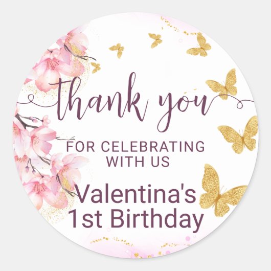 Sticker Rond Fleurs roses Papillons d'or Script Merci (Devant)