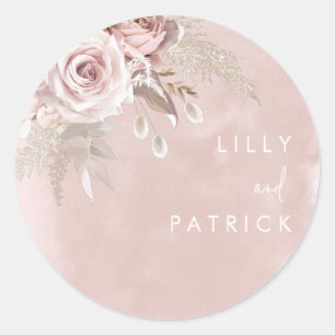 Sticker Rond Fleurs Roses poussières Aquarelle Bleu Mariage Eng