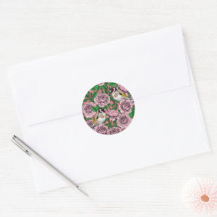 Sticker Rond Fleurs roses roses et oiseaux dorés