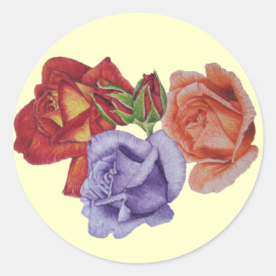 Sticker Rond fleurs roses rouges et bourgeons roses art floral