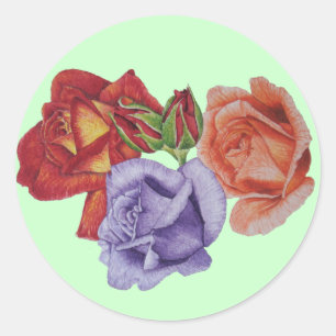 Sticker Rond fleurs roses rouges et bourgeons roses art floral