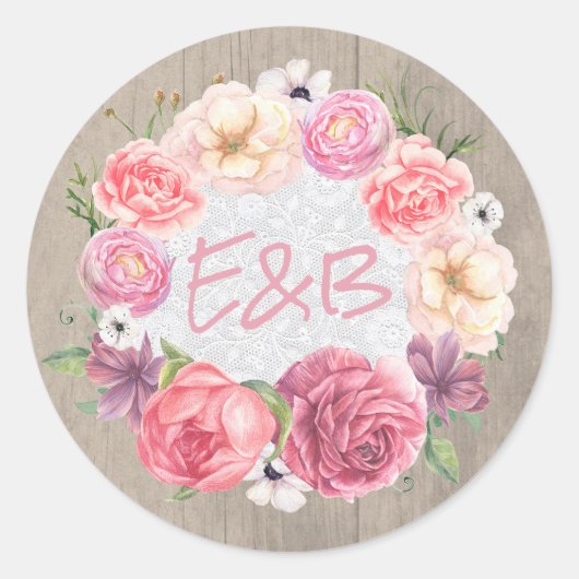 Sticker Rond Fleurs roses rustiques Mariage de couronne (Devant)