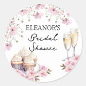 Sticker Rond Fleurs roses verres à champagne et cupcakes (Devant)