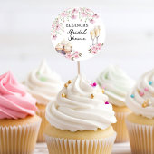 Sticker Rond Fleurs roses verres à champagne et cupcakes