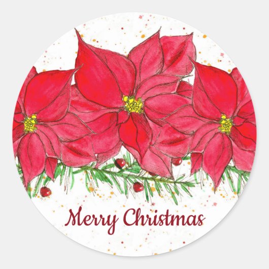 Sticker Rond Fleurs rouges Poinsettia Joyeux Noël (Devant)