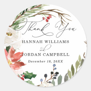 Sticker Rond Fleurs Rustiques d'Hiver   Remerciement de Mariage