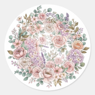Sticker Rond Fleurs sauvages aquarelle fantaisistes rose
