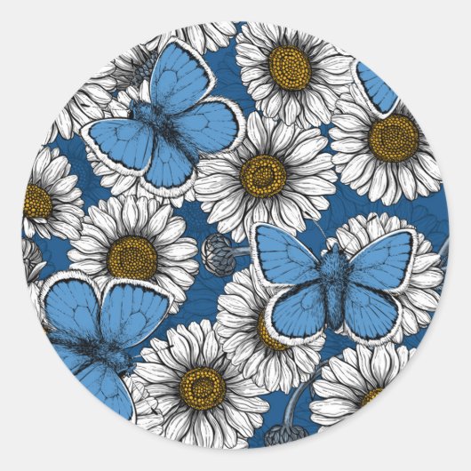 Sticker Rond Fleurs sauvages blanches et papillons bleus (Devant)