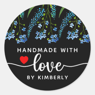 Sticker Rond Fleurs sauvages bleus fait main avec amour noir
