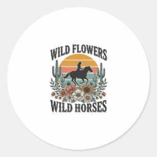 Sticker Rond Fleurs sauvages Chevaux sauvages Chemise florale o