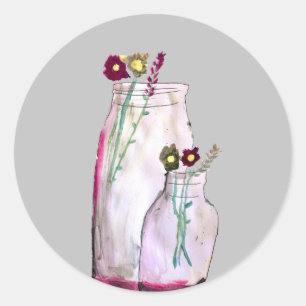 Sticker Rond Fleurs sauvages d'aquarelle Whimsical en vase