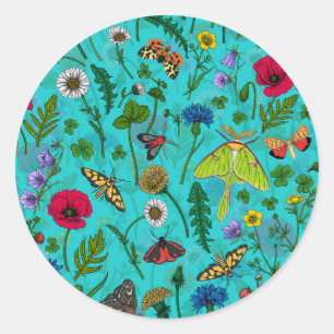 Sticker Rond Fleurs sauvages et papillons de nuit sur turquoise