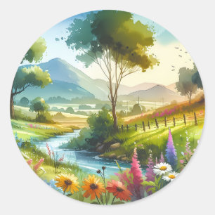 Sticker Rond Fleurs sauvages et ruisseau dans la vallée printan