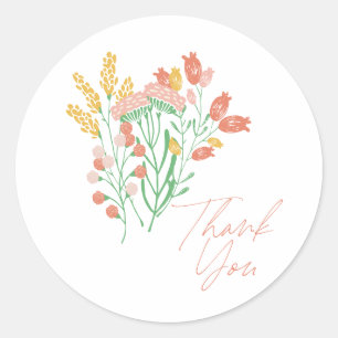 Sticker Rond Fleurs sauvages florales simples Corail Jaune Merc
