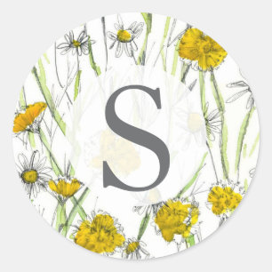Sticker Rond Fleurs sauvages Monogramme Jaune Aquarelle