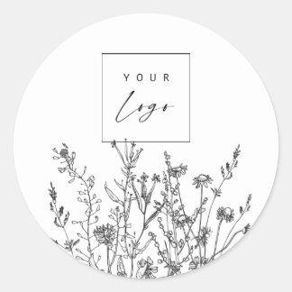 Sticker Rond Fleurs sauvages noir et blanc logo personnalisé