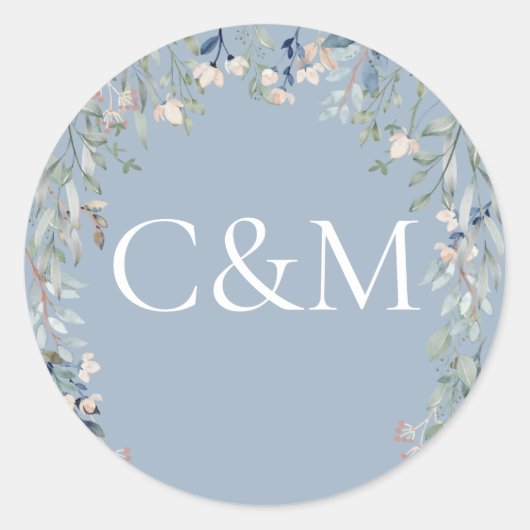Sticker Rond Fleurs sauvages Poussière bleue florale Monogramme (Devant)