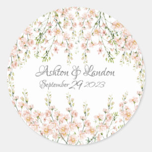 Sticker Rond Fleurs sauvages Rose Blush Élégant Nom Floral Date
