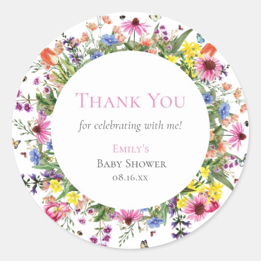 Sticker Rond Fleurs sauvages rustiques et papillons Merci (Devant)
