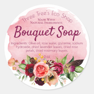 Sticker Rond Fleurs Sur Aquarelle Rose Savon Fait À La Main Ent