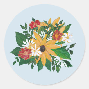 Sticker Rond Fleurs, tournesol, marigold et marguerites