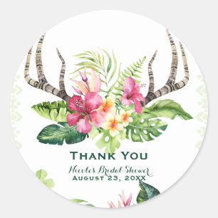 Sticker Rond Fleurs Tropicales Bohème Rustique Bois de Cerf Réc