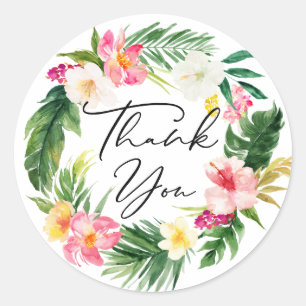 Sticker Rond Fleurs tropicales et verdure à l'aquarelle Merci