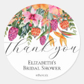 Sticker Rond Fleurs tropicales orange rose Script Merci (Devant)