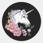 Sticker Rond Fleurs Unicorne Blanches Rose noir (Devant)