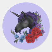 Sticker Rond Fleurs Unicorne Noire violet (Devant)